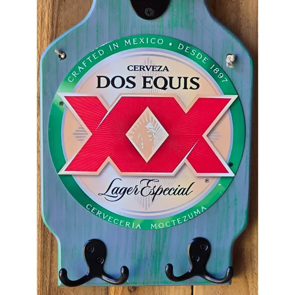 Dos Equis Beer Wall Mount Plaque Vintage Look Solid Wood w Bottle Opener & Hooks